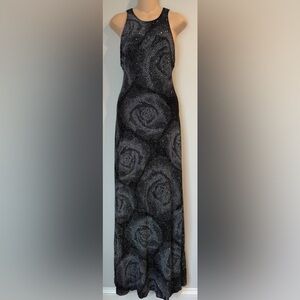 CACHE Vintage Black Floral Sparkle Acetate/Spandex Open Back Slinky Glitter M